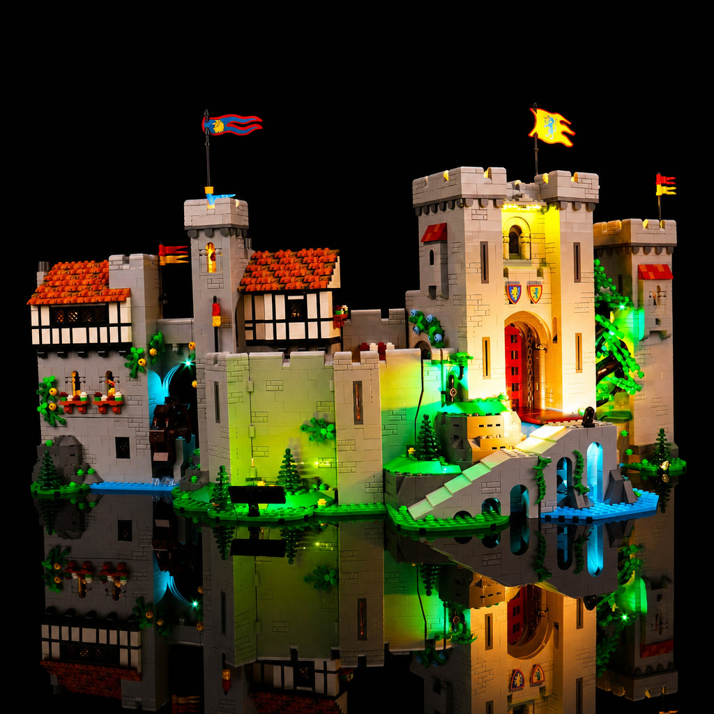 LEGO® Icons Lion Knights' Castle #10305 warm LED glow detail, with the premium LED light kit
