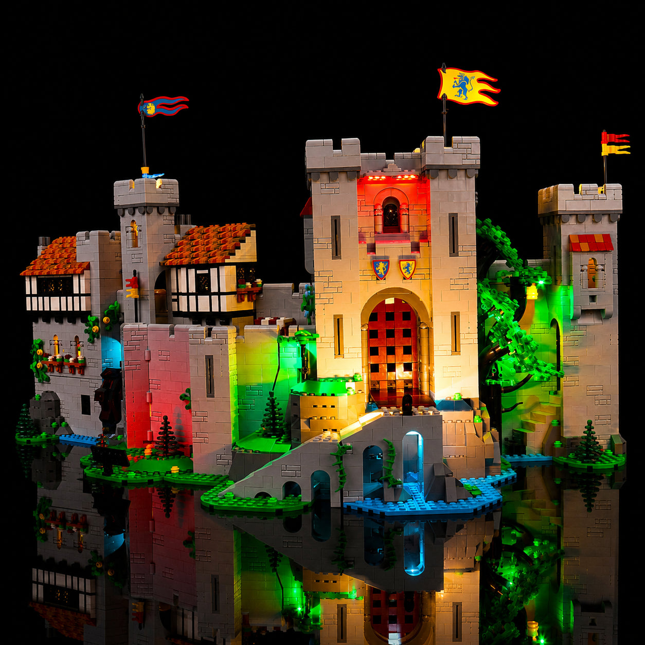 custom LED lighting for LEGO® Icons Lion Knights' Castle #10305, fully illuminated on display