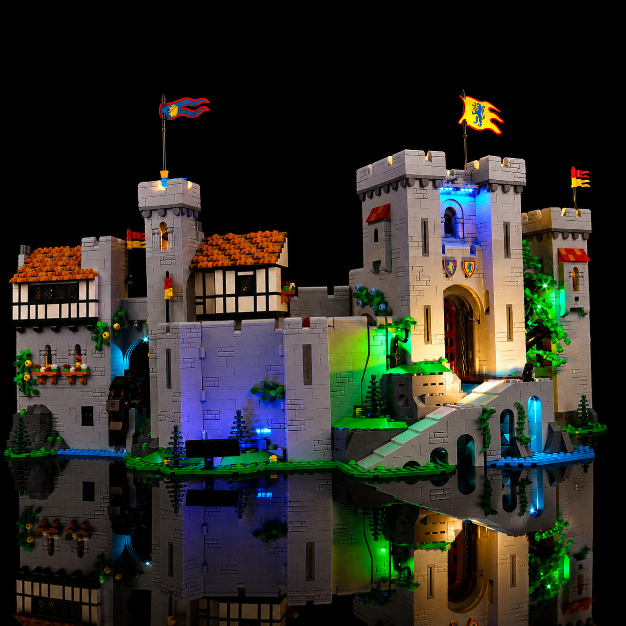 LEGO® Icons Lion Knights' Castle #10305 before-and-after lighting, with the RGB LED light kit