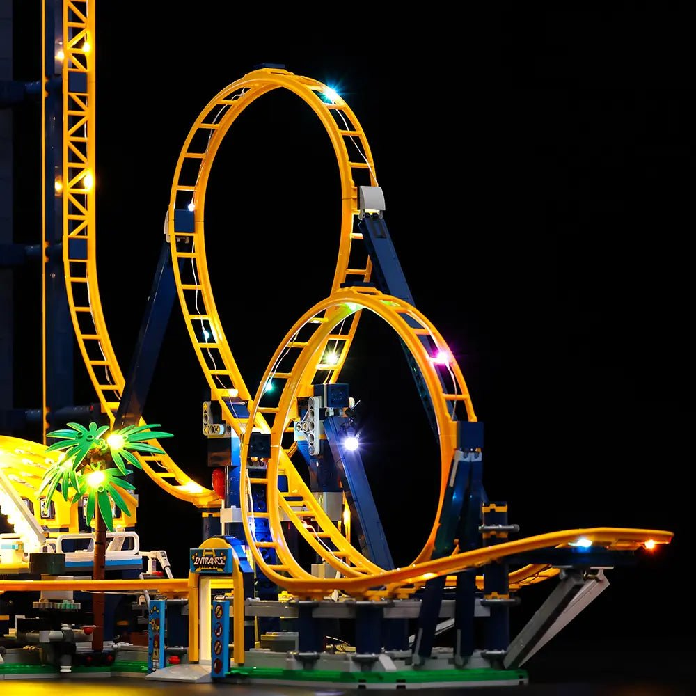 before-and-after lighting: Bright My Bricks display light kit for LEGO® Icons Loop Coaster #10303