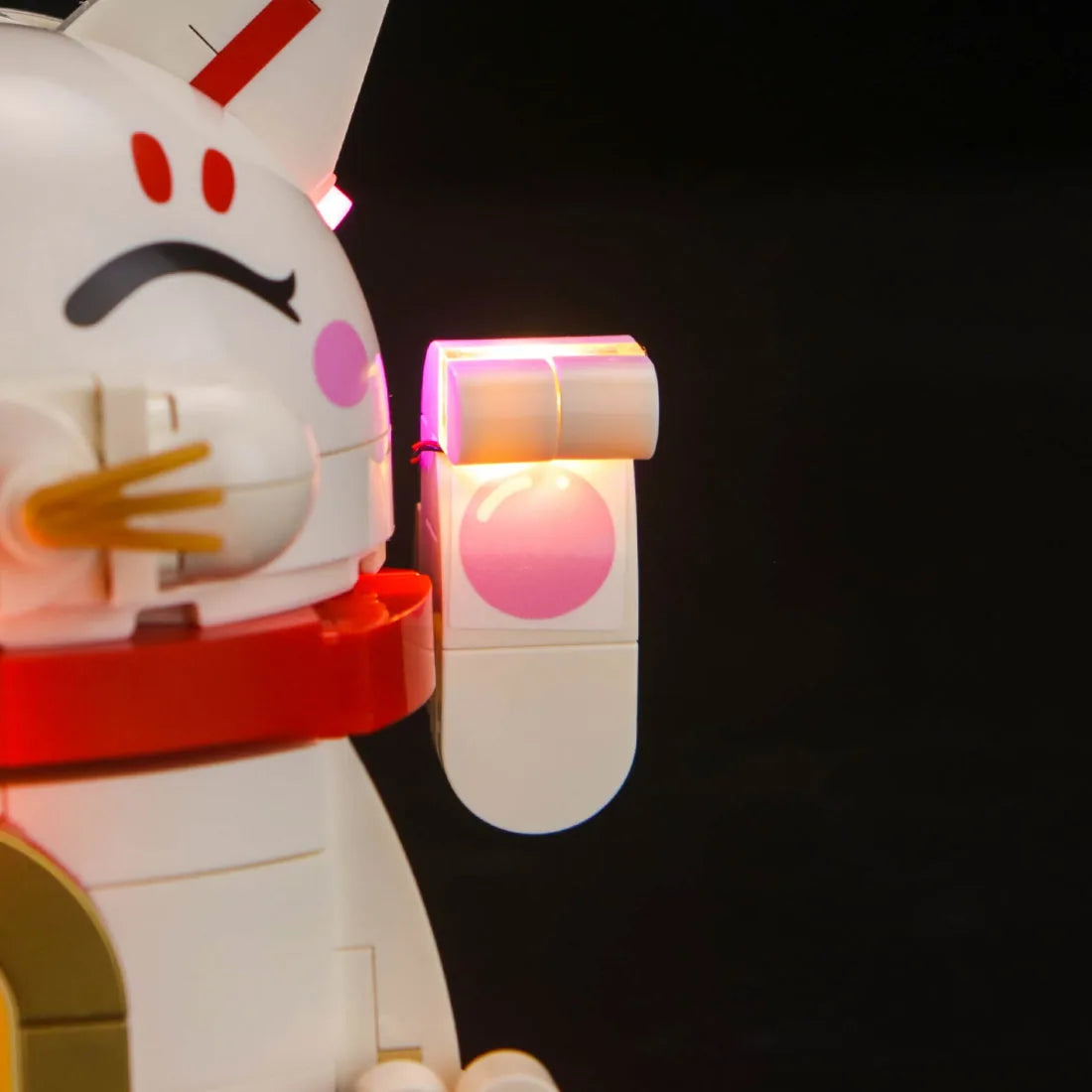 LEGO® Icons Lucky Cat #40813 side angle with lights on, with the RGB LED light kit