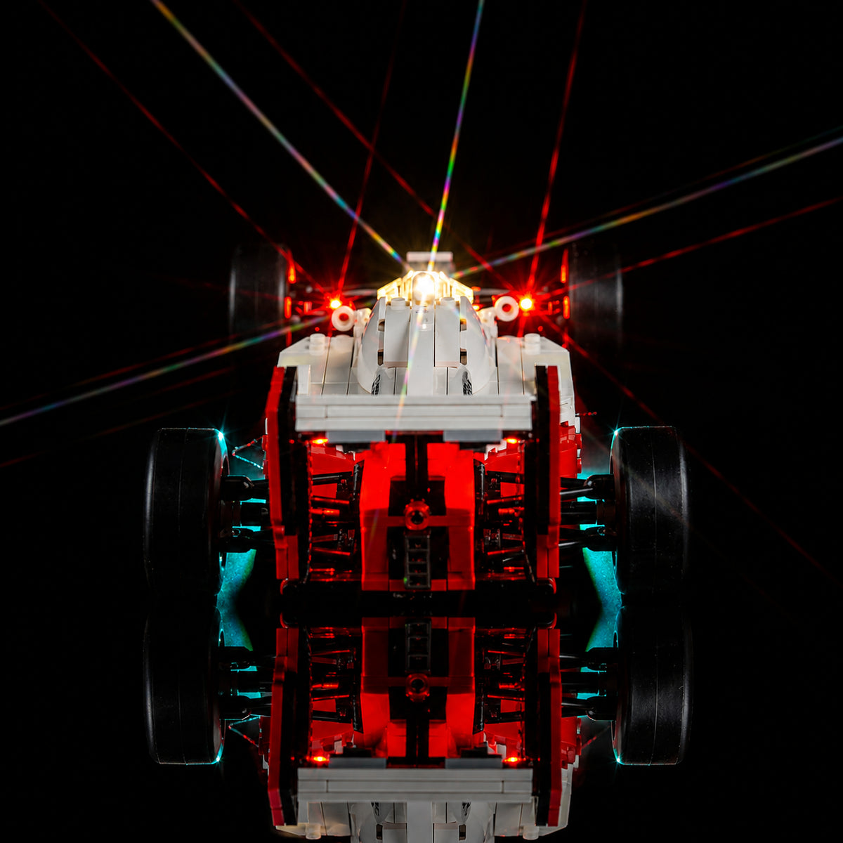 LEGO® Icons McLaren MP4/4 & Ayrton Senna #10330 LED kit powered on, with the DIY LED light kit