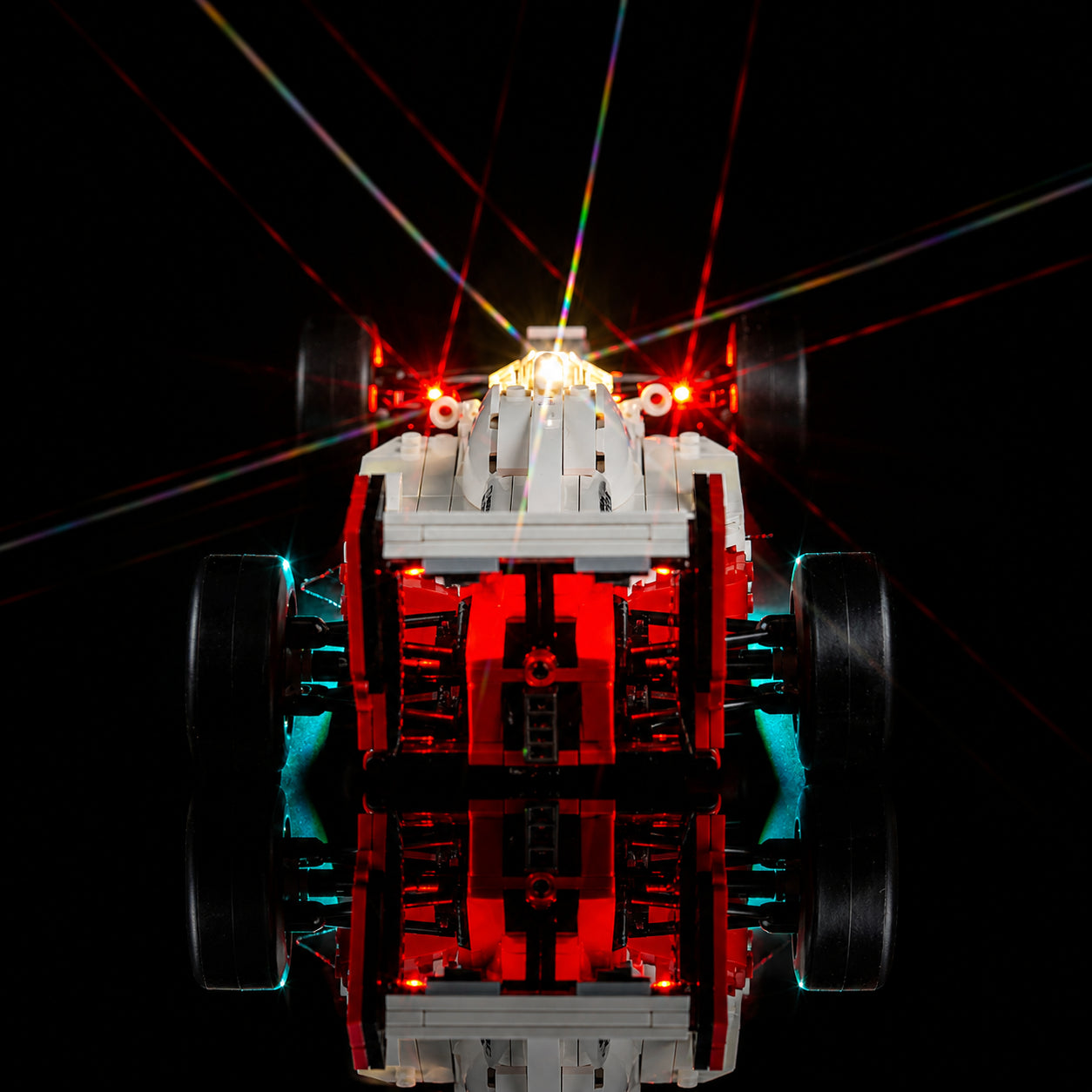 LEGO® Icons McLaren MP4/4 & Ayrton Senna #10330 LED kit powered on, with the DIY LED light kit