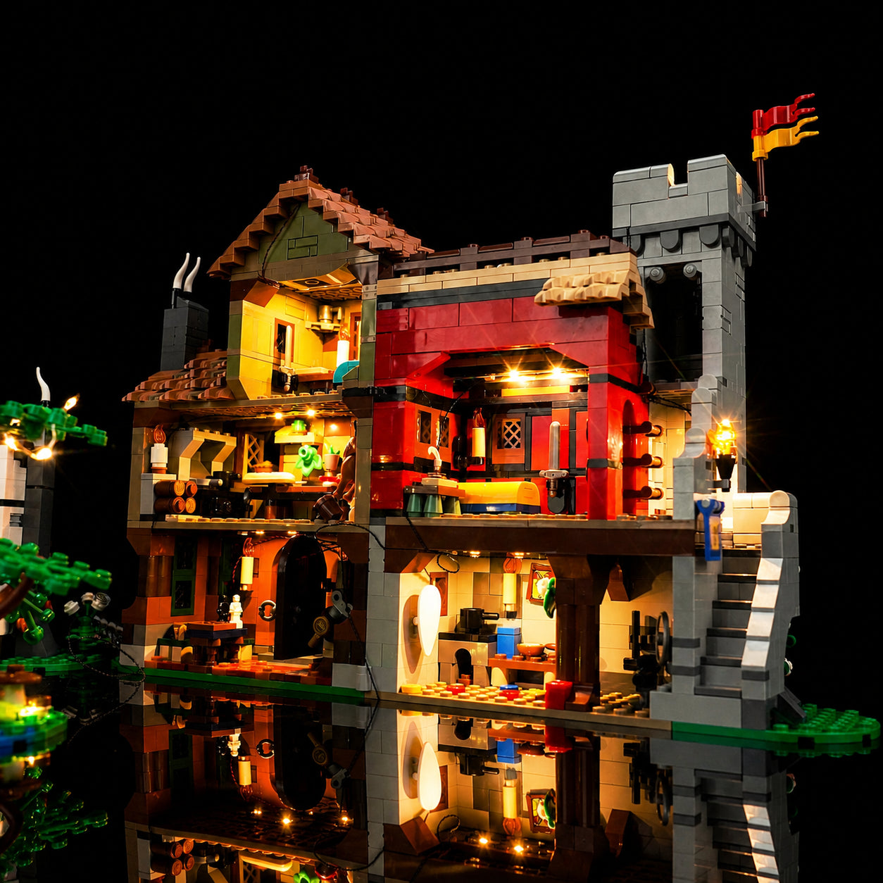 LEGO® Icons Medieval Town Square #10332 showcase lighting view, with the LED lighting kit