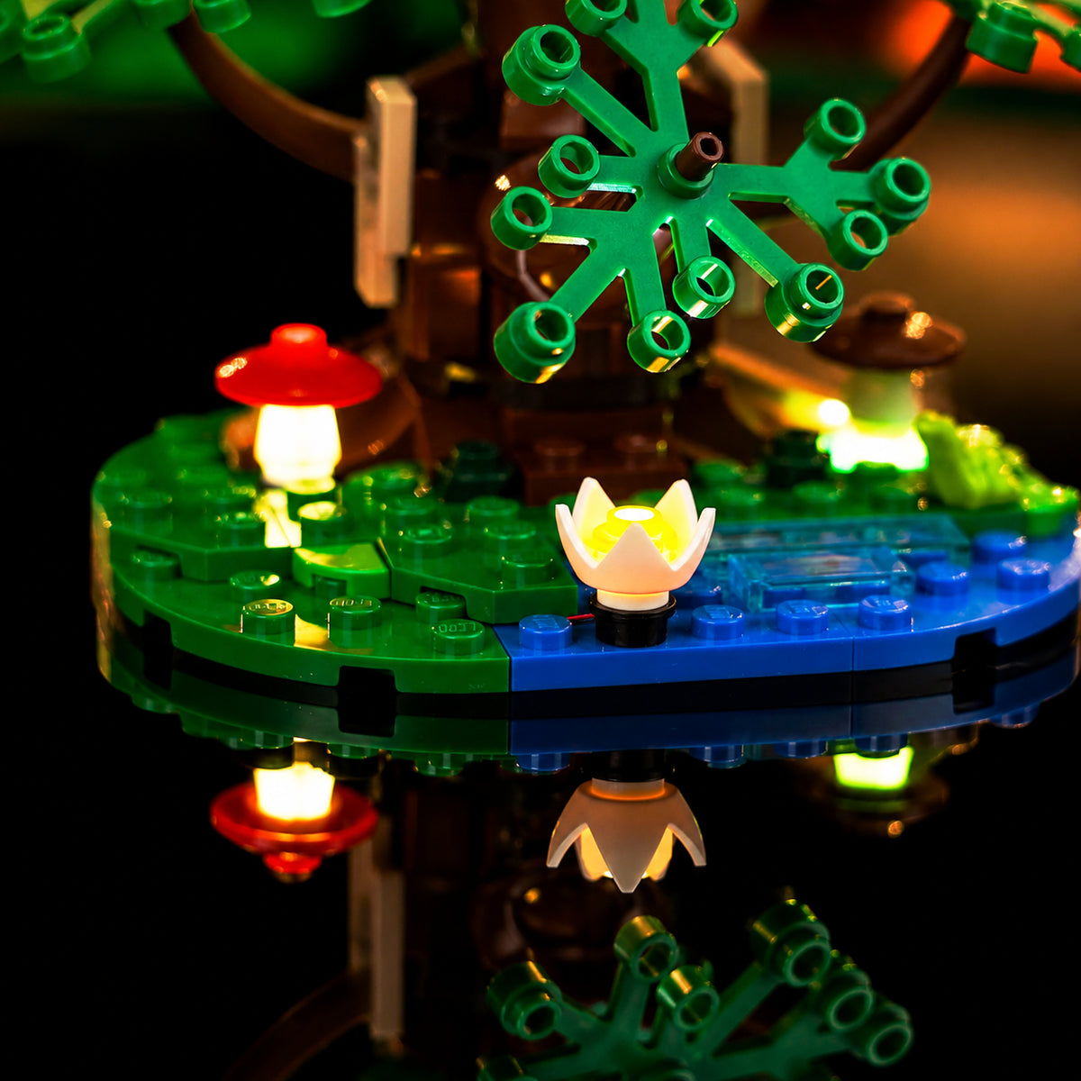installed and glowing: Bright My Bricks LED light kit for LEGO® Icons Medieval Town Square #10332