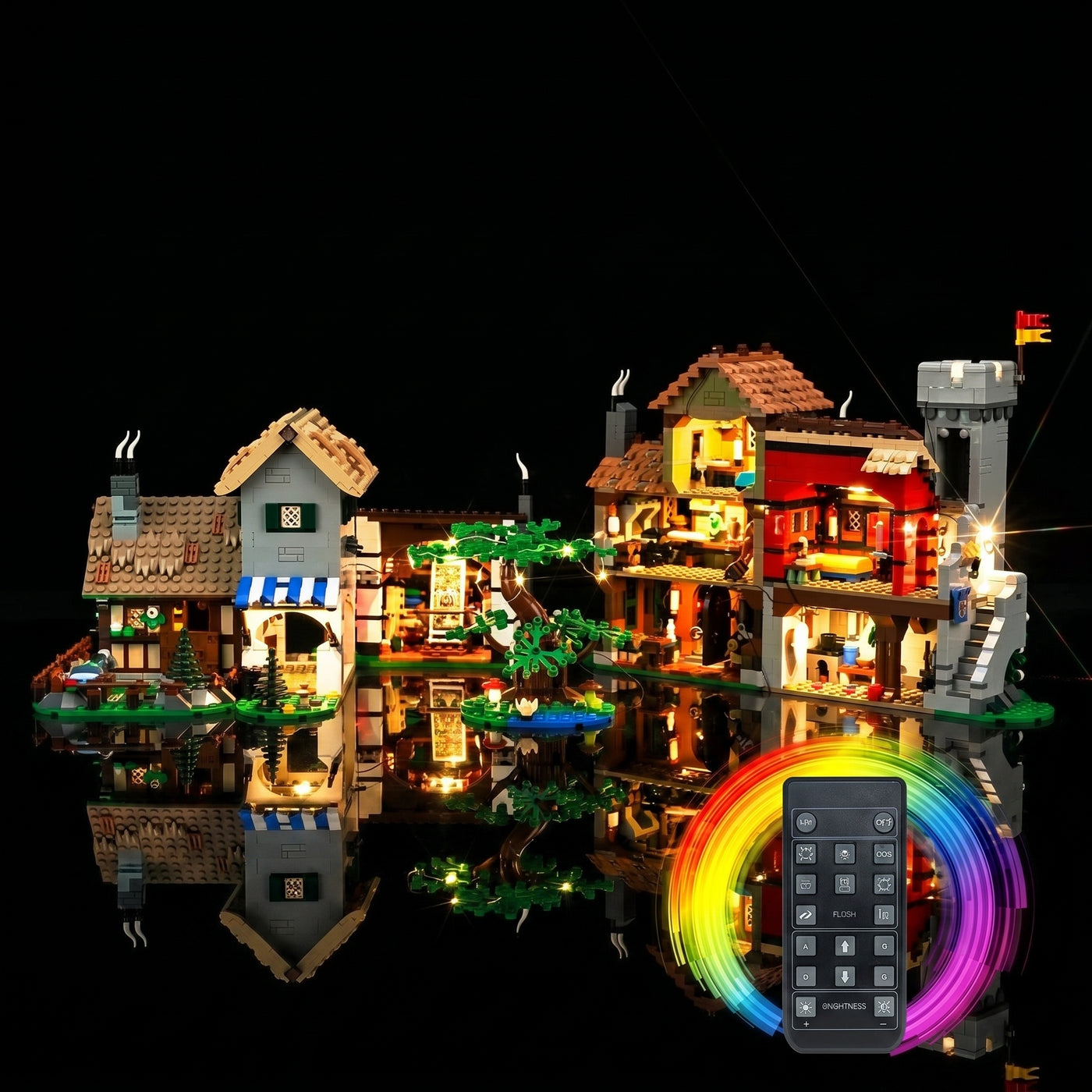 lighting effect on the build: Bright My Bricks USB-powered LED light kit for LEGO® Icons Medieval Town Square #10332