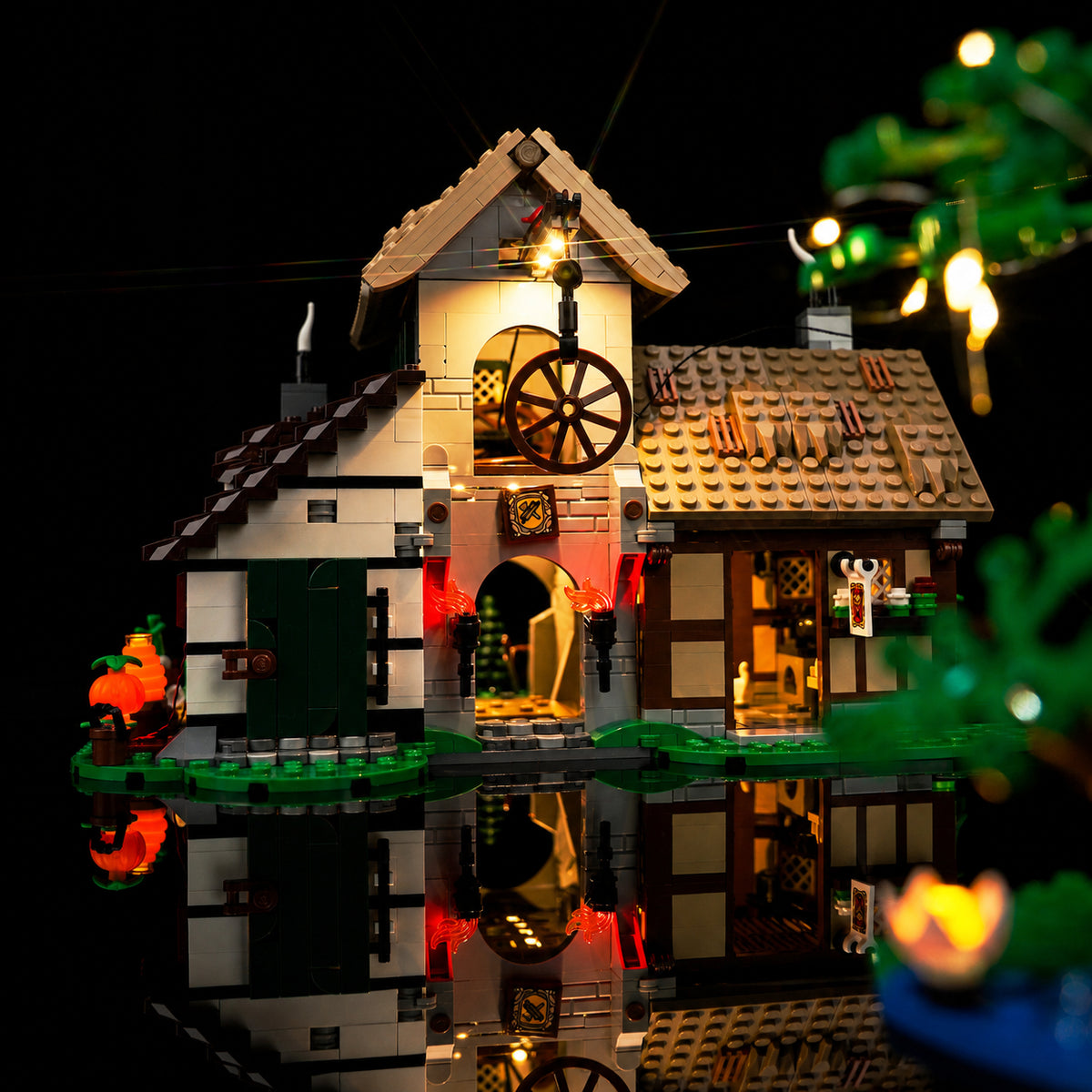 Bright My Bricks DIY LED light kit for LEGO® Icons Medieval Town Square #10332 — before-and-after lighting