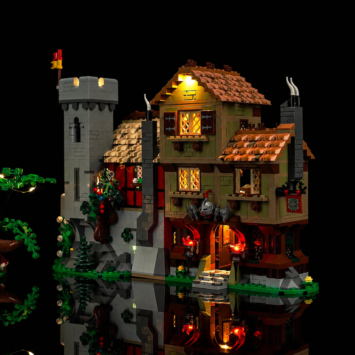 LEGO® Icons Medieval Town Square #10332 — front view fully lit (DIY LED light kit)