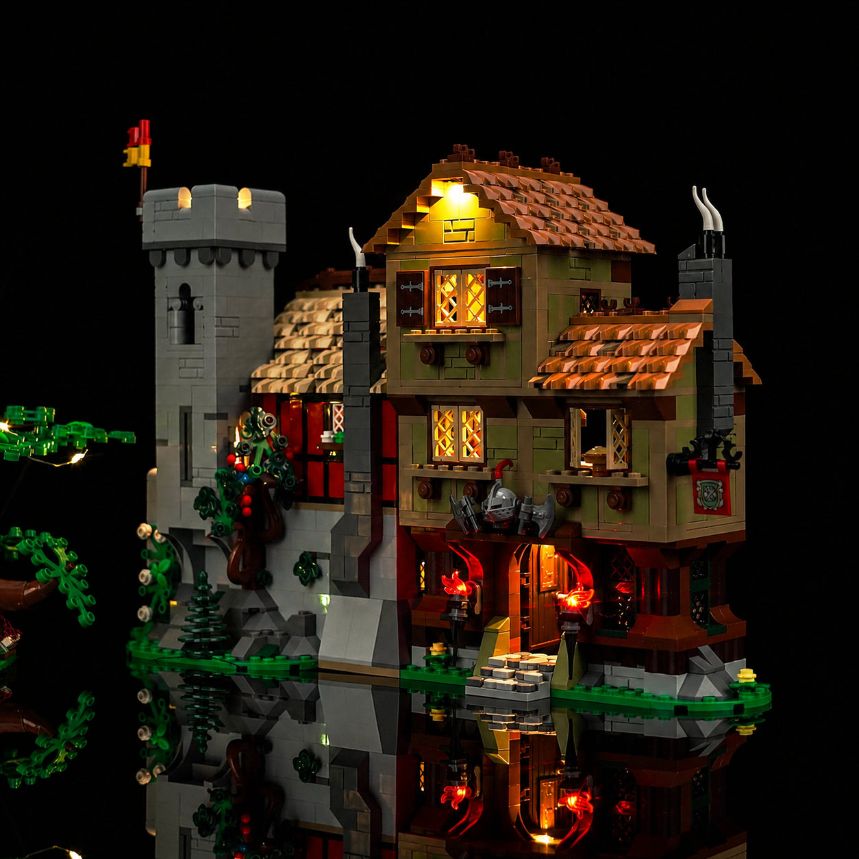 LEGO® Icons Medieval Town Square #10332 — front view fully lit (DIY LED light kit)