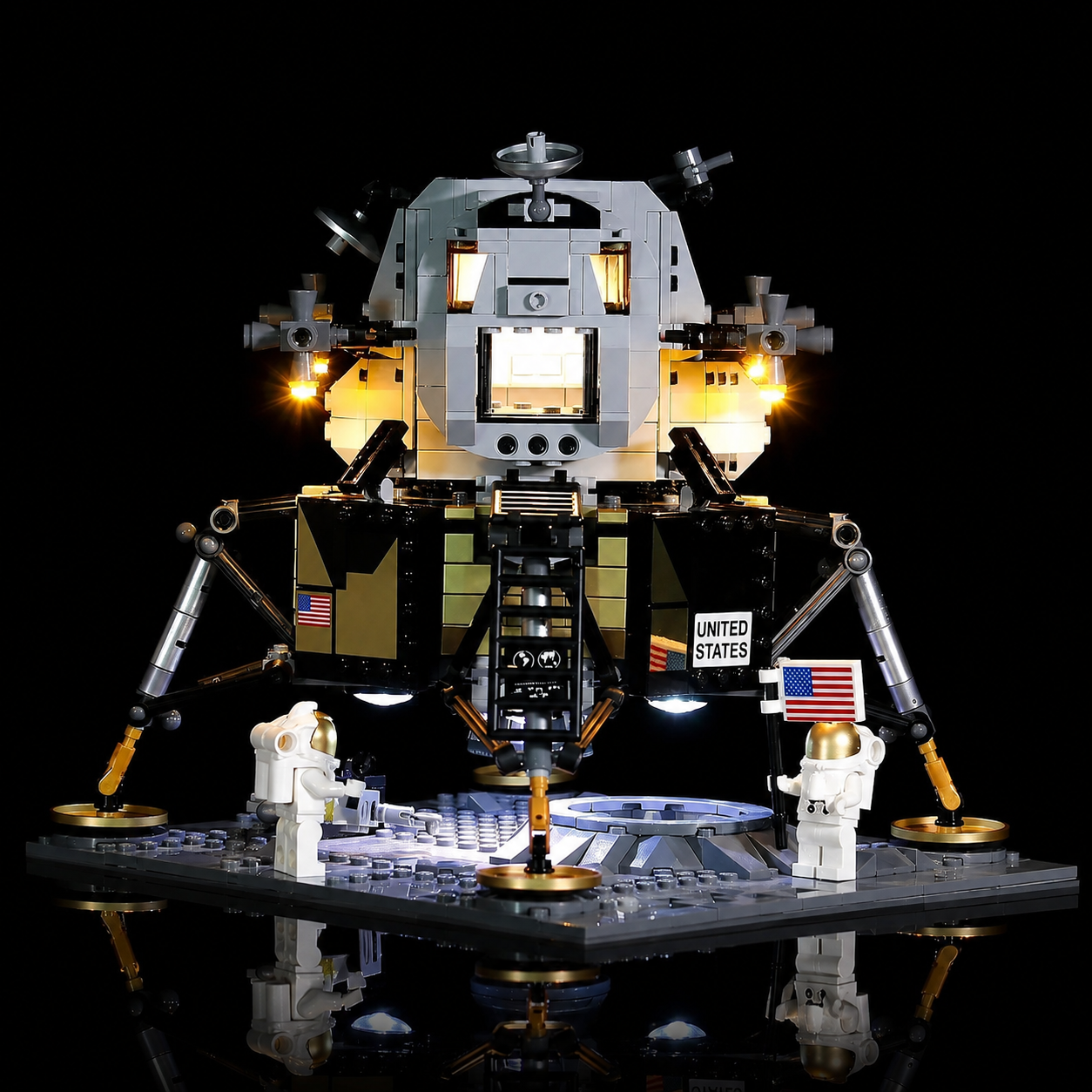 LED kit powered on: Bright My Bricks LED lighting kit for LEGO® Icons NASA Apollo 11 Lunar Lander #10266
