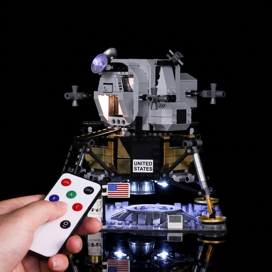 LEGO® Icons NASA Apollo 11 Lunar Lander #10266 lighting effect on the build, with the premium LED light kit