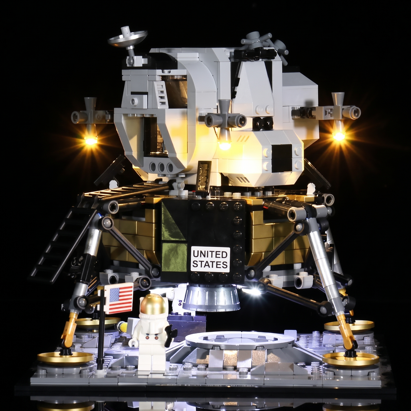 Bright My Bricks LED light kit for LEGO® Icons NASA Apollo 11 Lunar Lander #10266 — ambient LED glow across the build