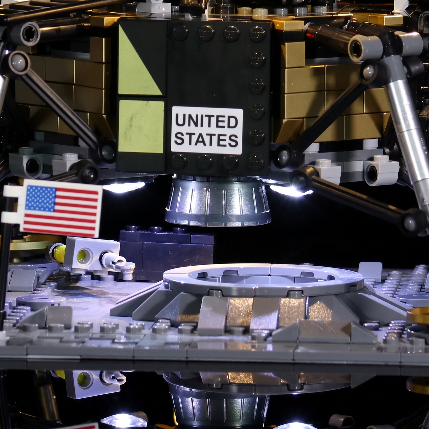 LEGO® Icons NASA Apollo 11 Lunar Lander #10266 evenly lit from within, with the premium LED light kit