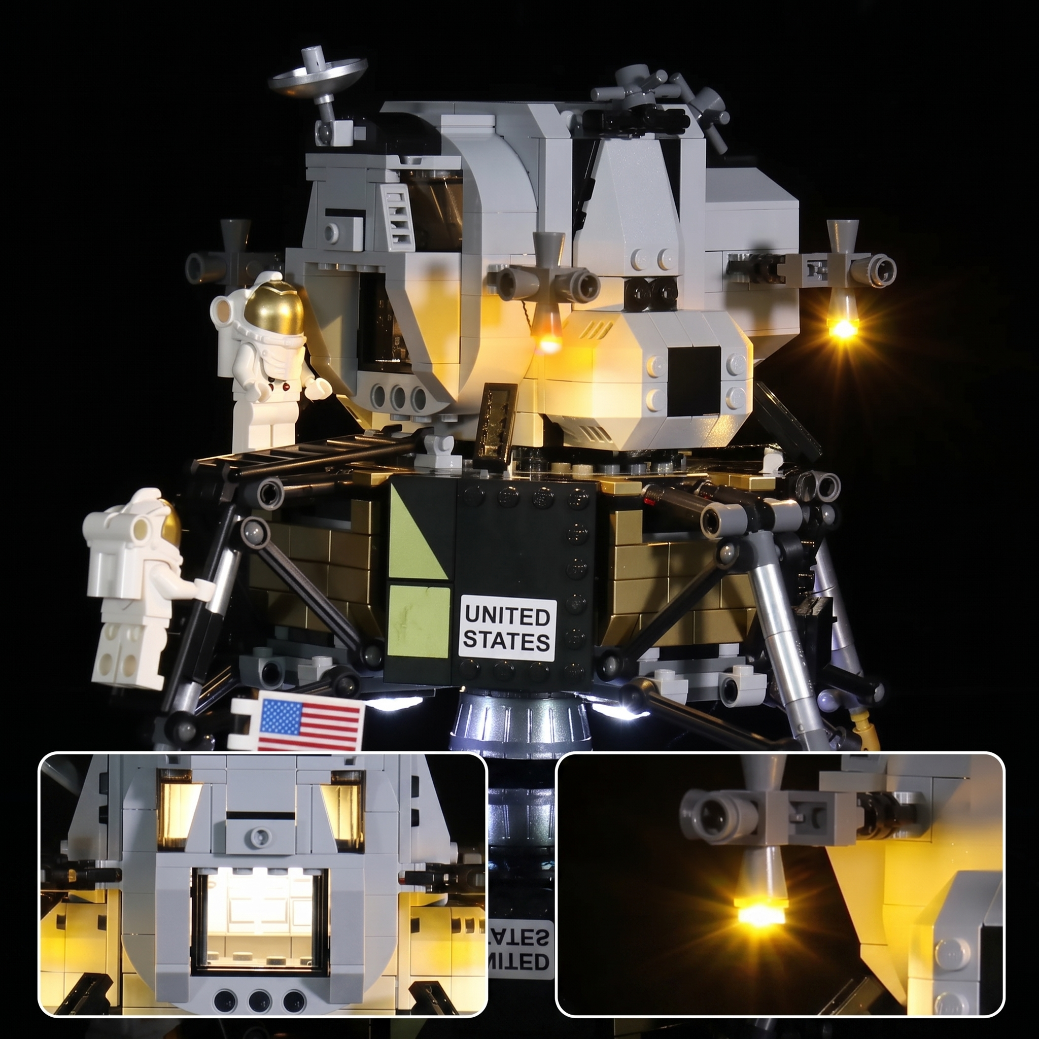 before-and-after lighting: Bright My Bricks LED lighting kit for LEGO® Icons NASA Apollo 11 Lunar Lander #10266