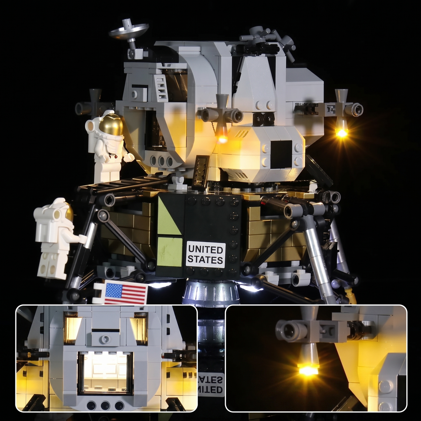 before-and-after lighting: Bright My Bricks LED lighting kit for LEGO® Icons NASA Apollo 11 Lunar Lander #10266