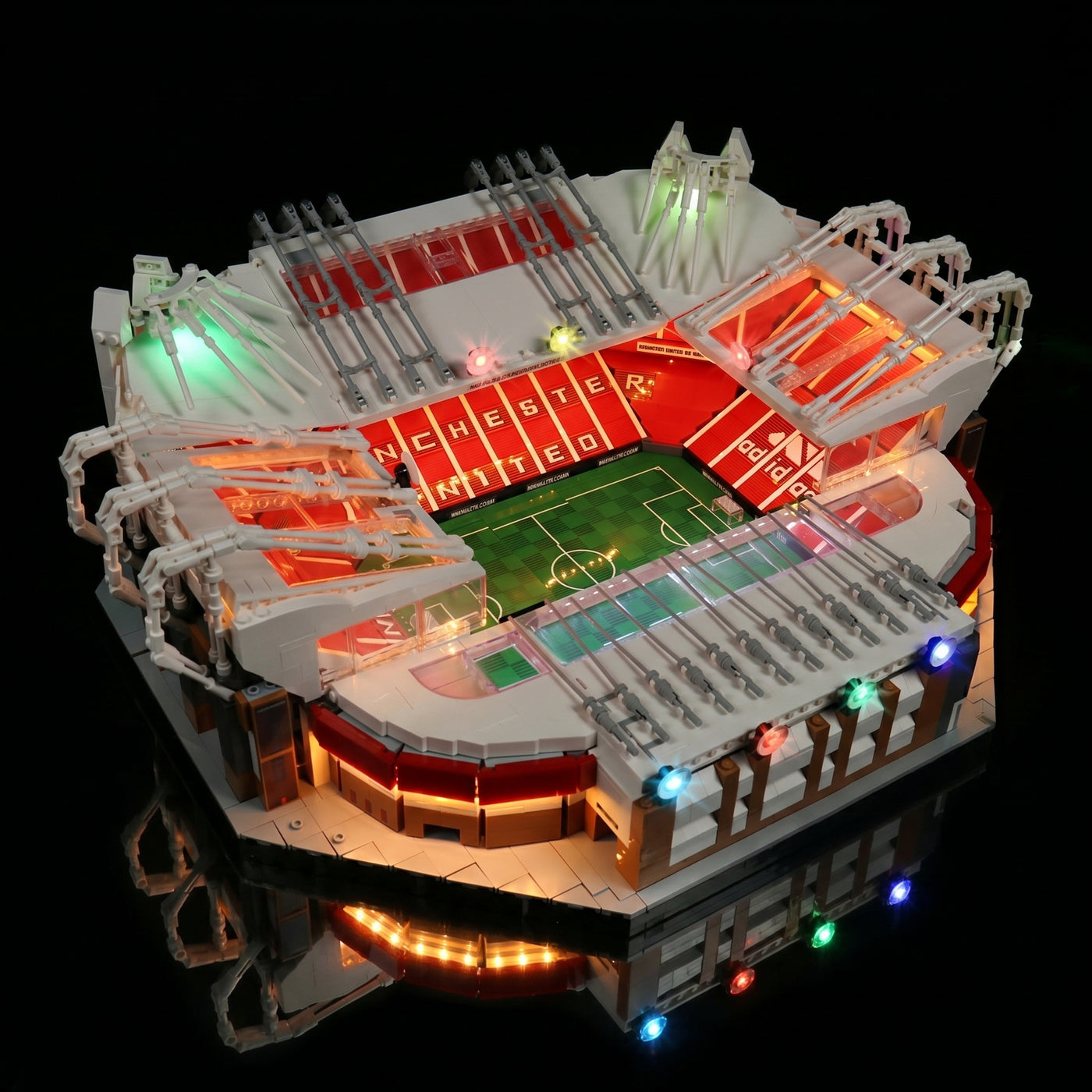 Bright My Bricks RGB LED light kit for LEGO® Icons Old Trafford #10272 — before-and-after lighting
