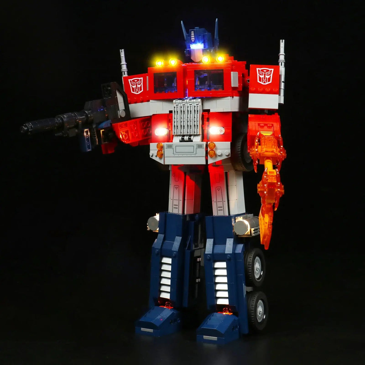 fully illuminated on display: Bright My Bricks USB-powered LED light kit for LEGO® Icons Optimus Prime #10302