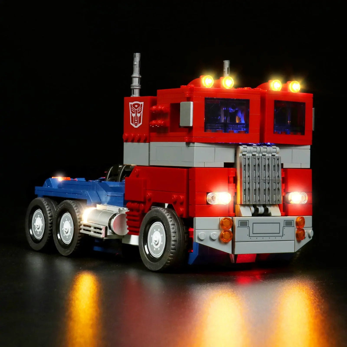 LEGO® Icons Optimus Prime #10302 brightened interior detail, with the DIY LED light kit