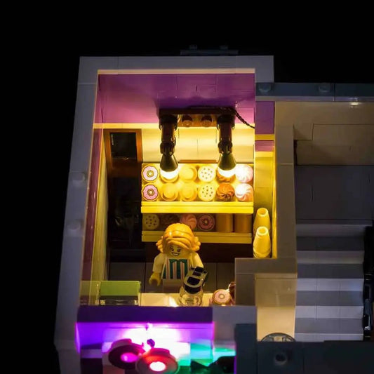 premium LED light kit for LEGO® Icons Police Station #10278, illuminated at night