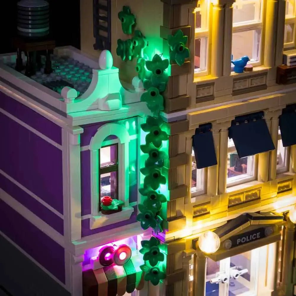 LEGO Icons Police Station #10278 illuminated at night