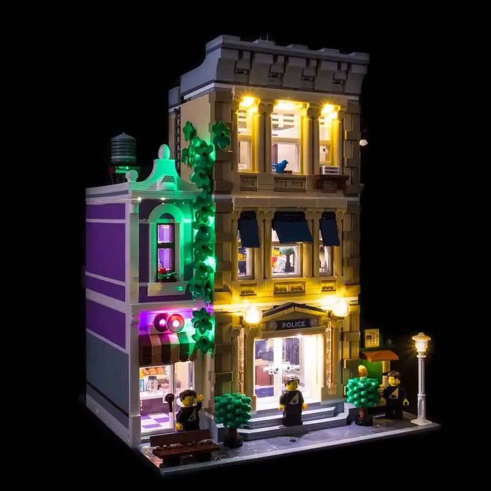 Bright My Bricks RGB LED light kit for LEGO® Icons Police Station #10278 — illuminated at night