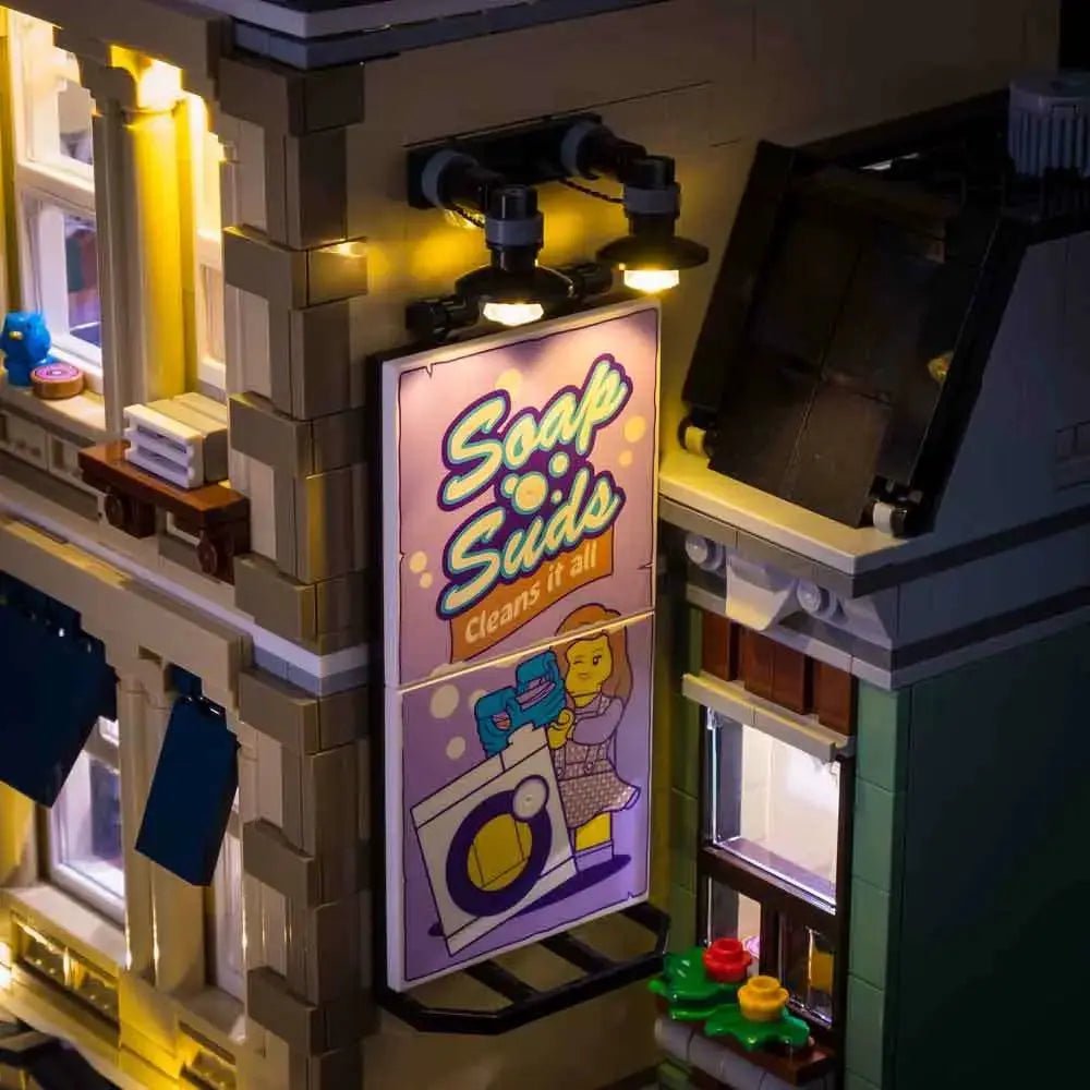 LEGO® Icons Police Station #10278 close-up of the LED lighting detail, with the RGB LED light kit