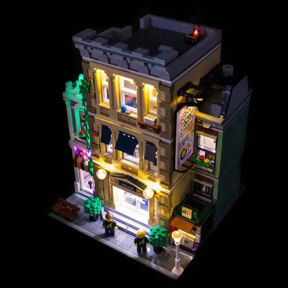 DIY LED light kit for LEGO® Icons Police Station #10278, display lighting in a dark room