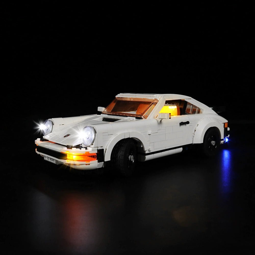 LEGO Icons Porsche 911 #10295 illuminated at night