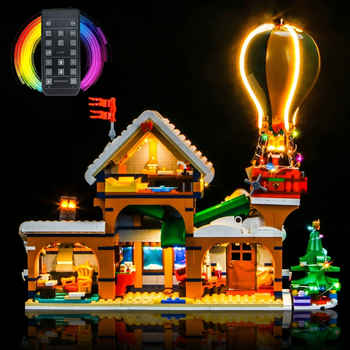 side angle with lights on: Bright My Bricks custom LED lighting for LEGO® Icons Santa's Post Office #10339