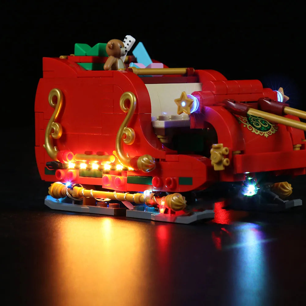 fully illuminated on display: Bright My Bricks light kit for LEGO® Icons Santa's Sleigh #40499