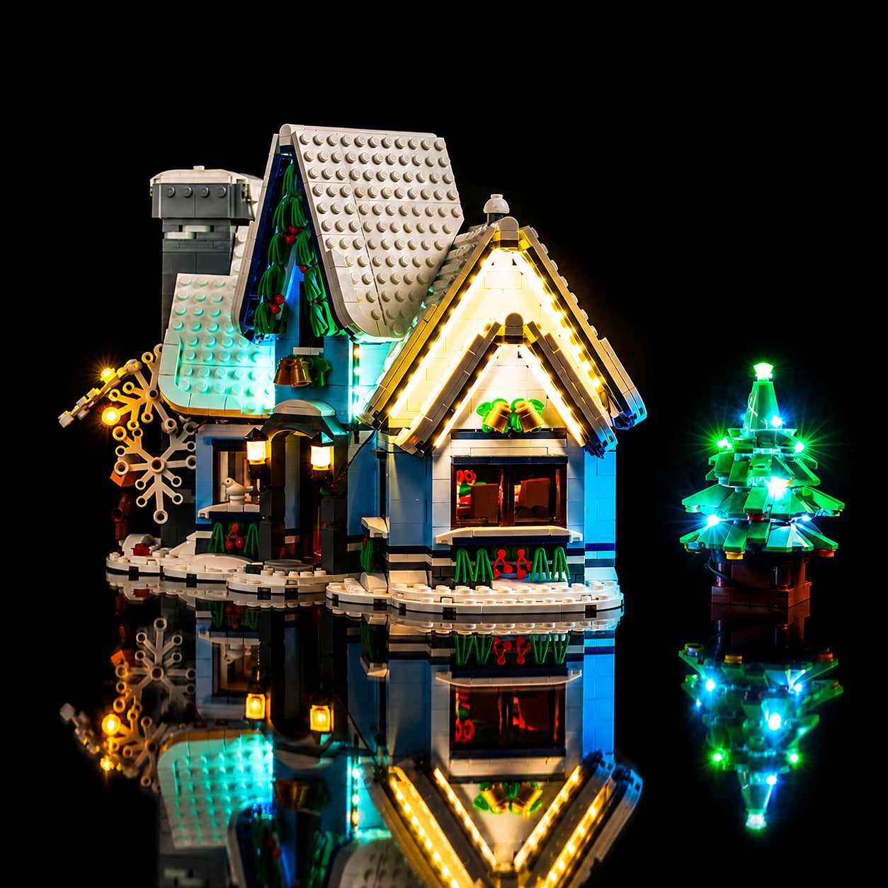 LEGO® Icons Santa’s Visit #10293 before-and-after lighting, with the LED light kit