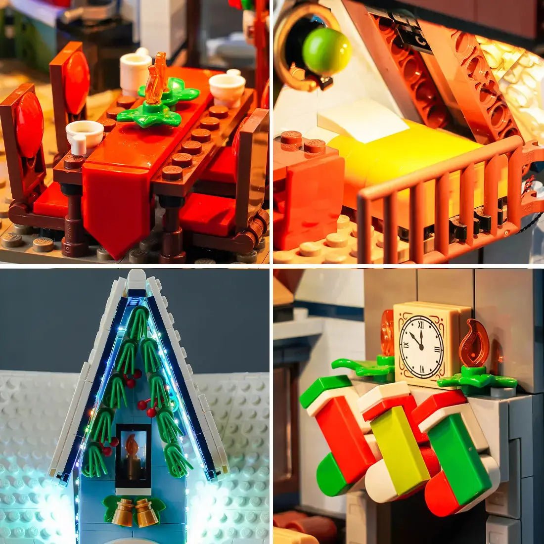 LEGO® Icons Santa’s Visit #10293 night-mode display glow, with the USB-powered LED light kit