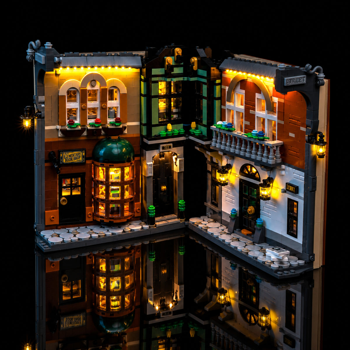 LEGO® Icons Sherlock Holmes: Book Nook #10351 brightened interior detail, with the LED lighting kit