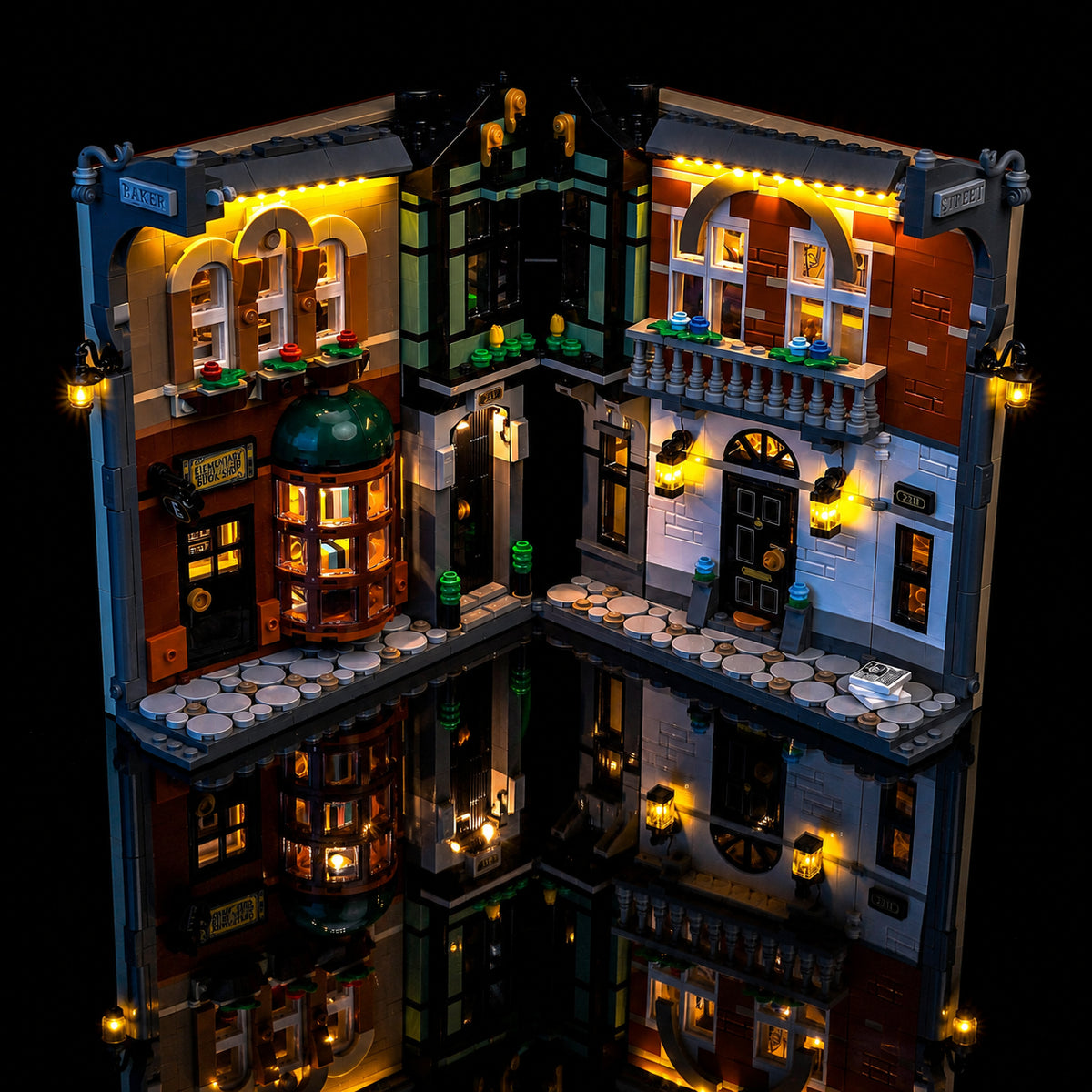 RGB LED light kit for LEGO® Icons Sherlock Holmes: Book Nook #10351, installed and glowing