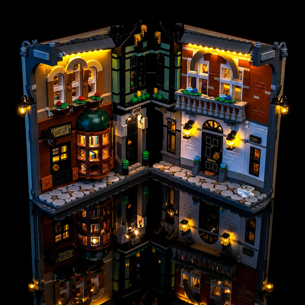 RGB LED light kit for LEGO® Icons Sherlock Holmes: Book Nook #10351, installed and glowing