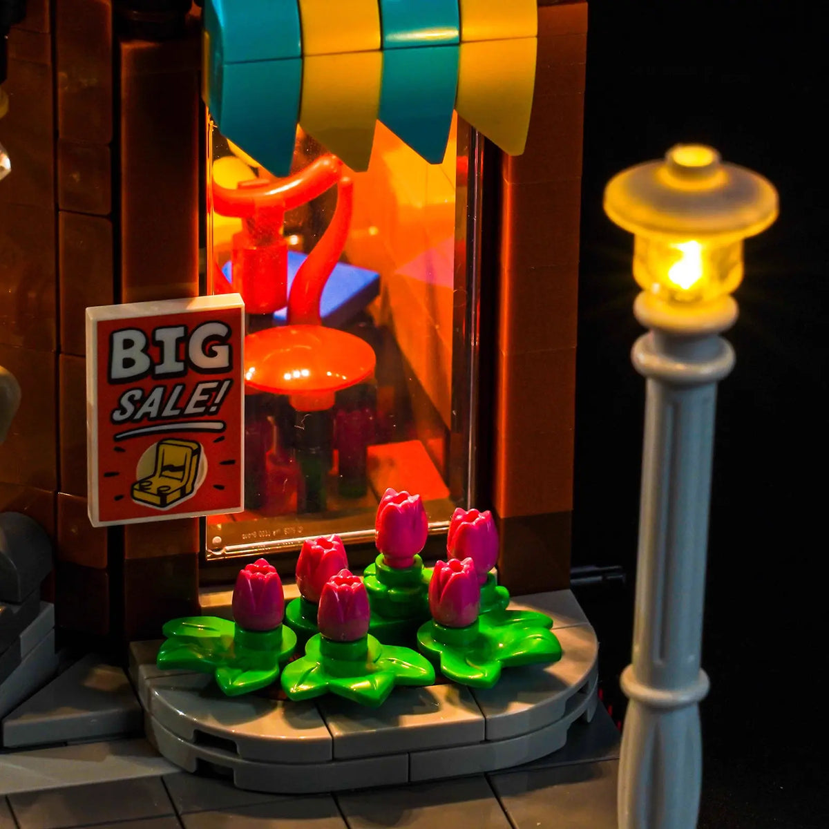 LEGO® Icons Shopping Street #11371 before-and-after lighting, with the custom LED lighting