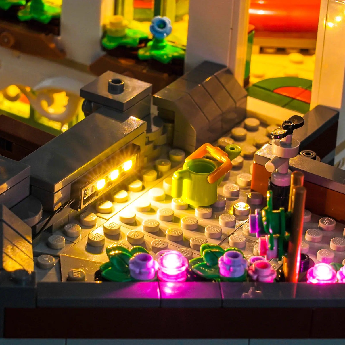 close-up of the LED lighting detail: Bright My Bricks RGB LED light kit for LEGO® Icons Shopping Street #11371