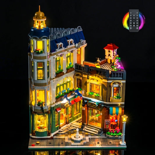 custom LED lighting for LEGO® Icons Shopping Street #11371, illuminated at night