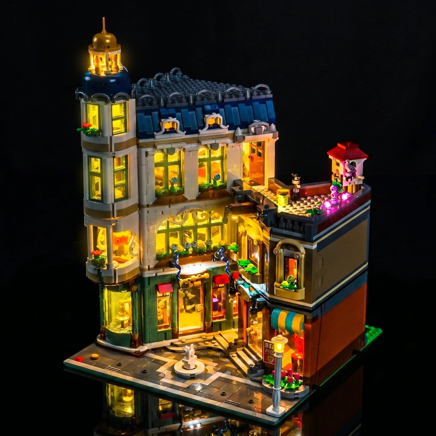 LEGO® Icons Shopping Street #11371 close-up of the LED lighting detail, with the RGB LED light kit