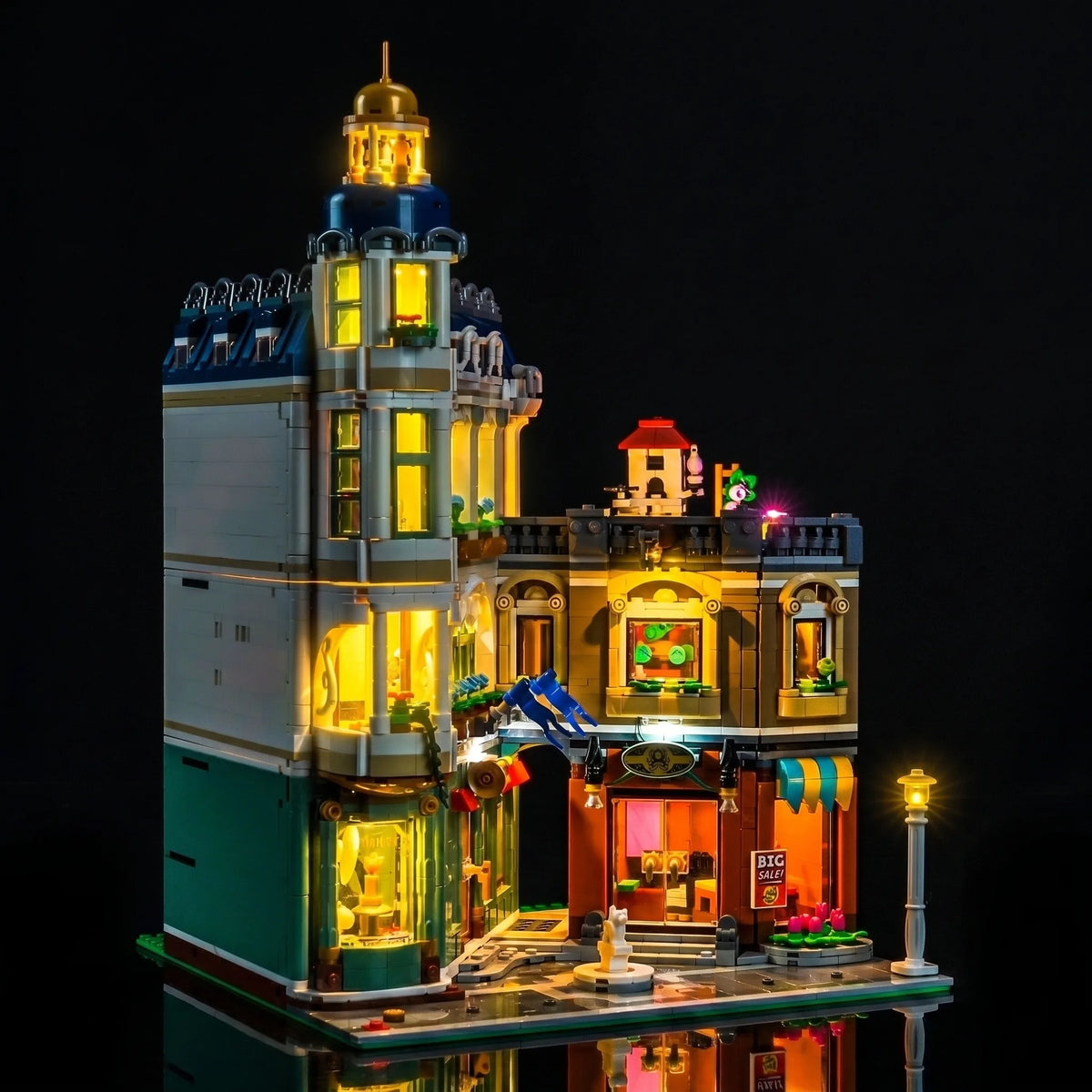 LEGO® Icons Shopping Street #11371 LED kit powered on, with the custom LED lighting