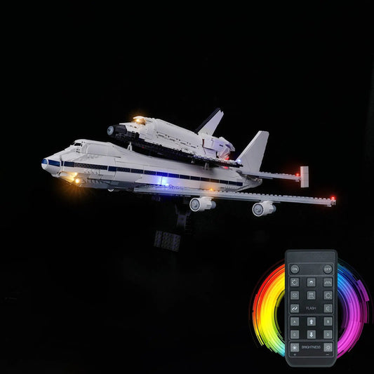 LEGO® Icons Shuttle Carrier Aircraft #10360 — front view fully lit (USB-powered LED light kit)