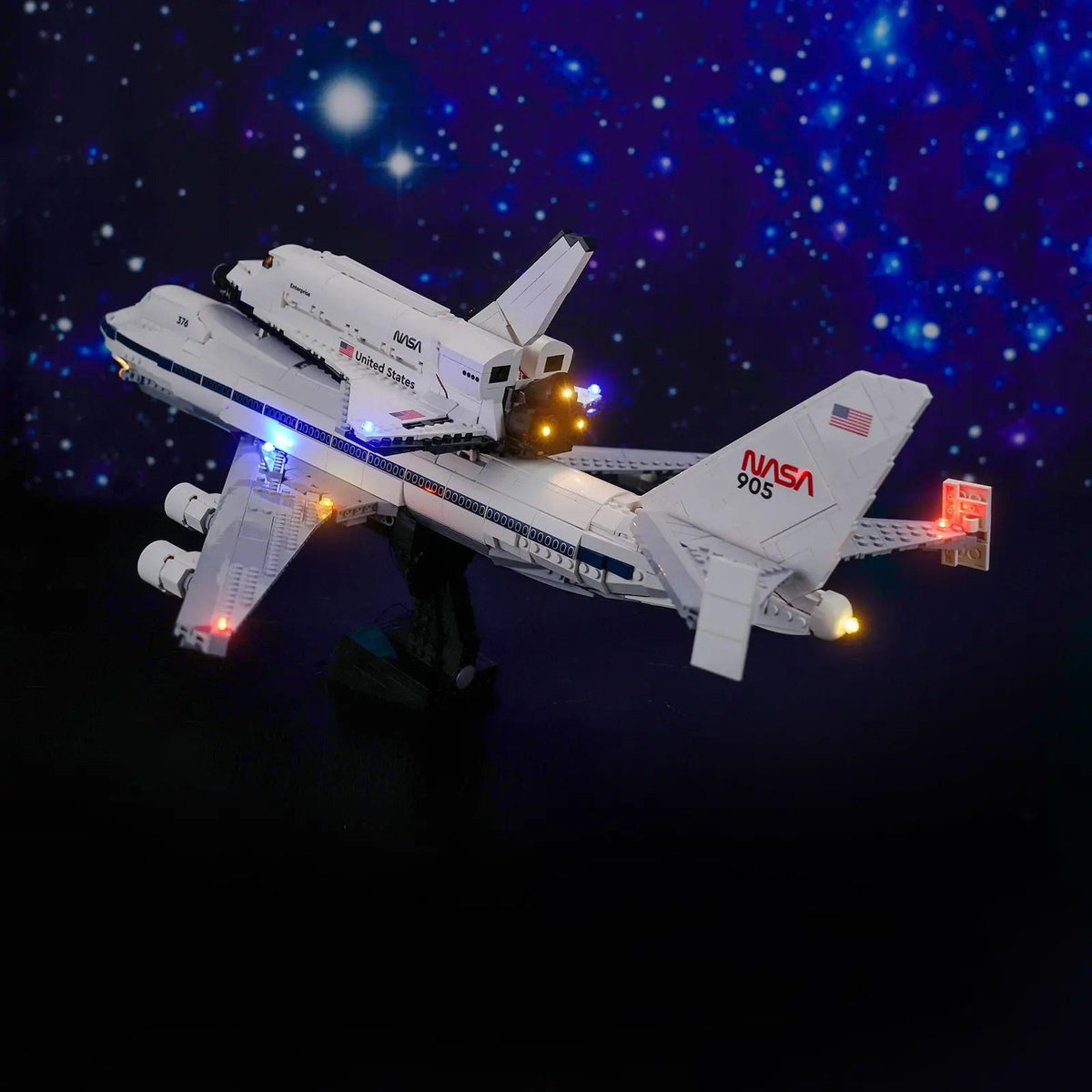 LEGO® Icons Shuttle Carrier Aircraft #10360 LED strips and bricks detail, with the display light kit