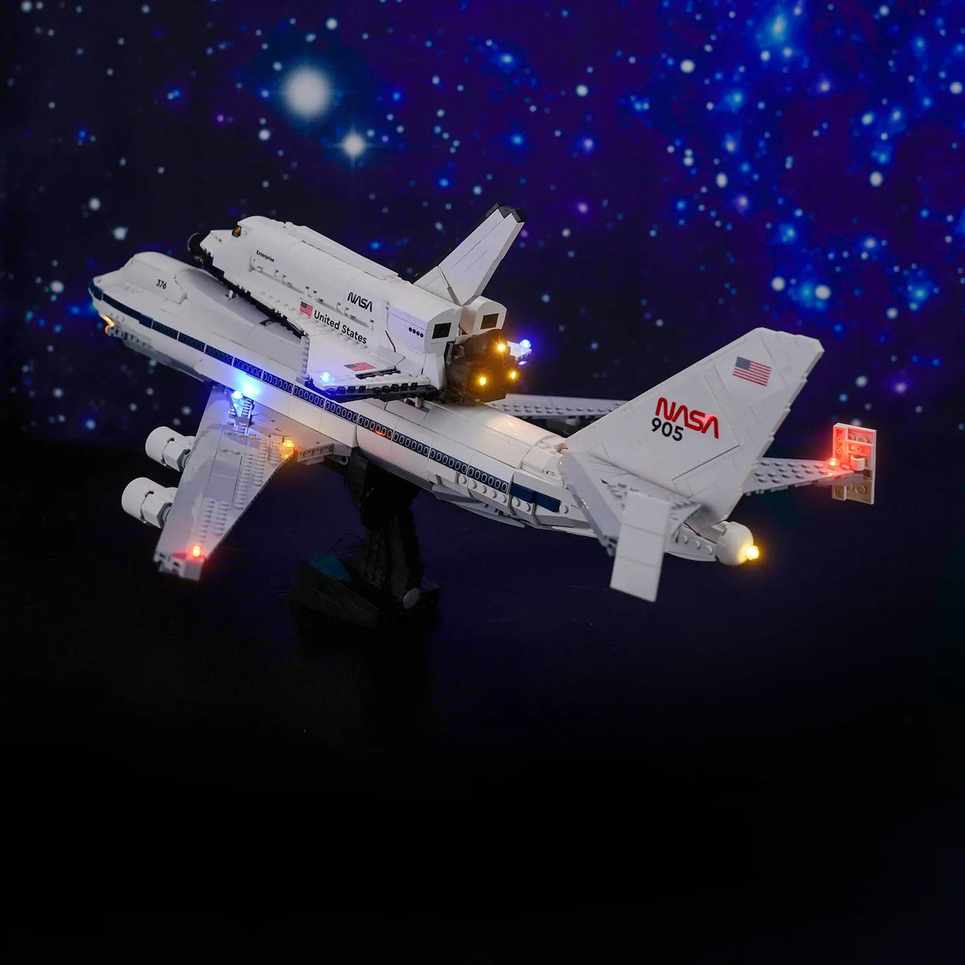 LEGO® Icons Shuttle Carrier Aircraft #10360 LED strips and bricks detail, with the display light kit