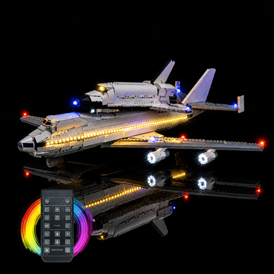 LEGO® Icons Shuttle Carrier Aircraft #10360 — front view fully lit (USB-powered LED light kit)