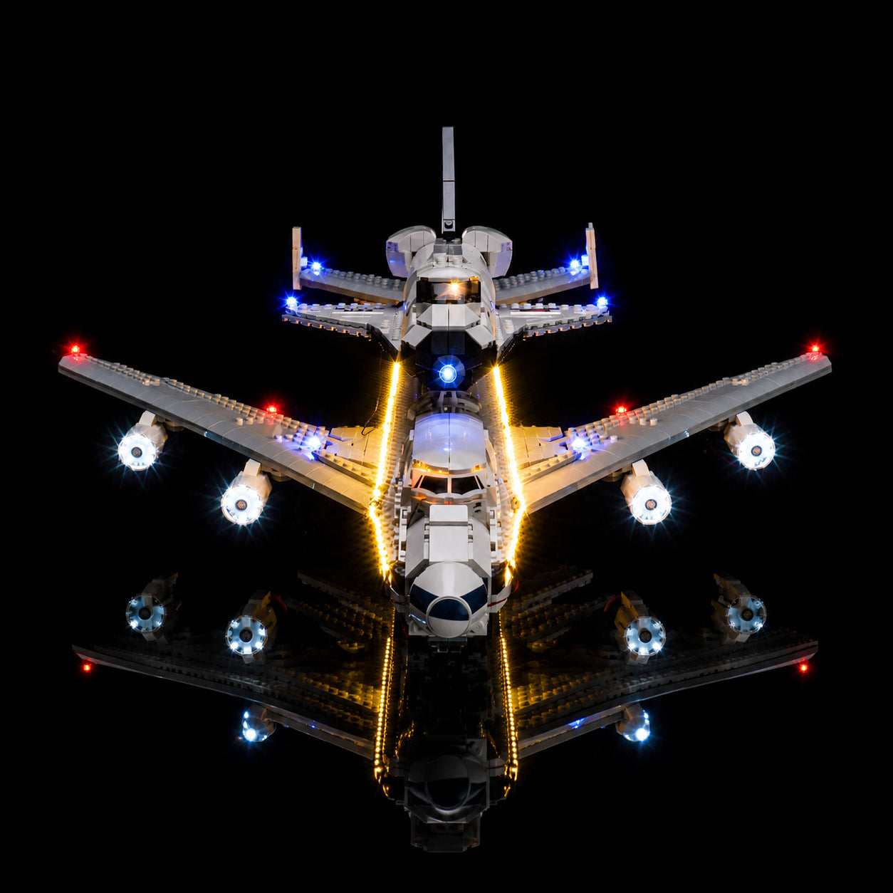 LEGO® Icons Shuttle Carrier Aircraft #10360 display lighting in a dark room, with the USB-powered LED light kit