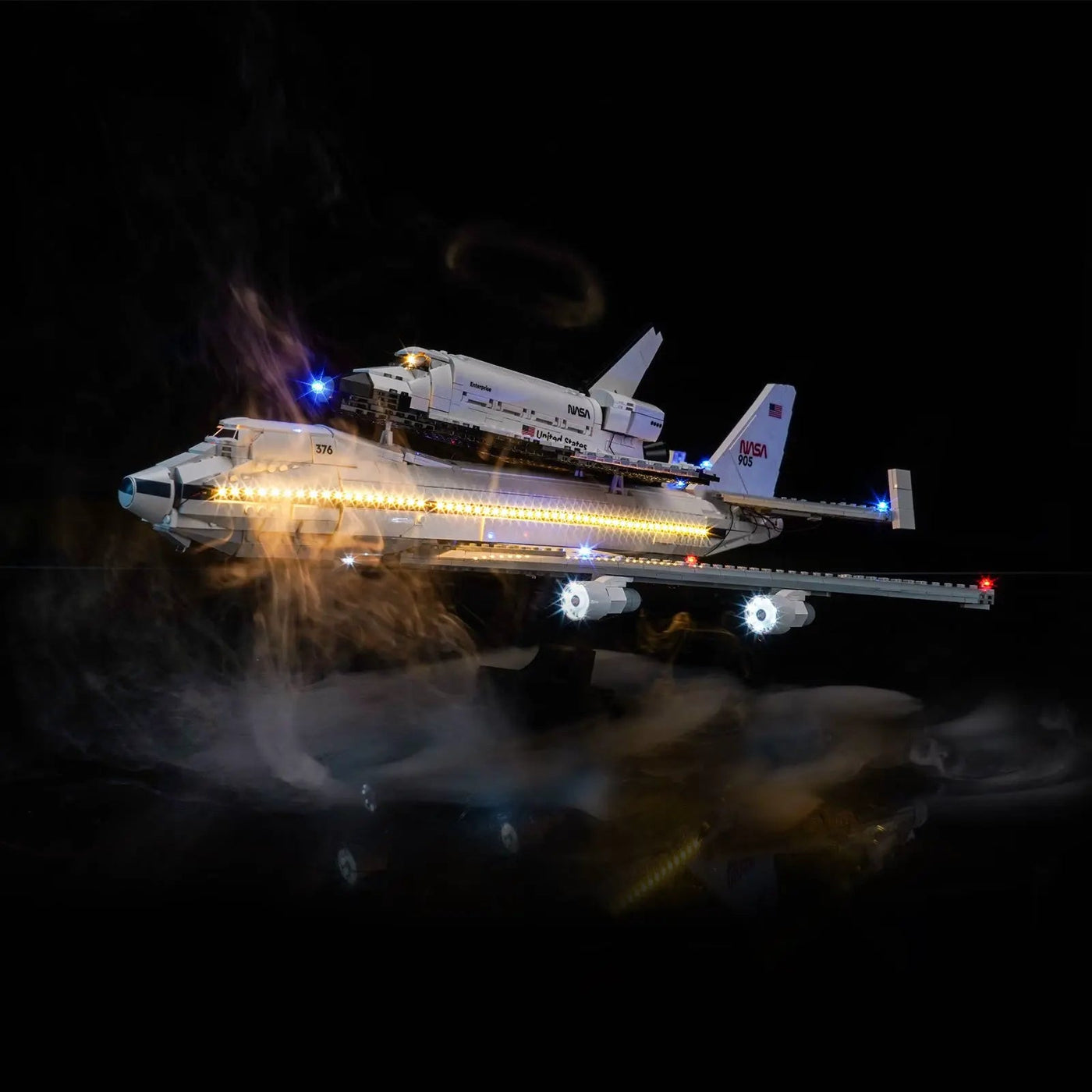 LEGO® Icons Shuttle Carrier Aircraft #10360 LED strips and bricks detail, with the display light kit