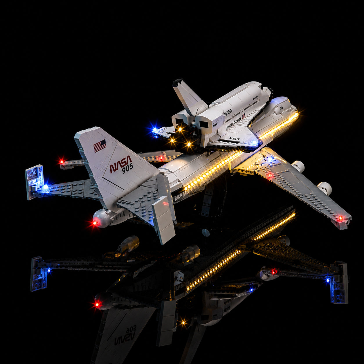 Bright My Bricks custom LED lighting for LEGO® Icons Shuttle Carrier Aircraft #10360 — fully illuminated on display