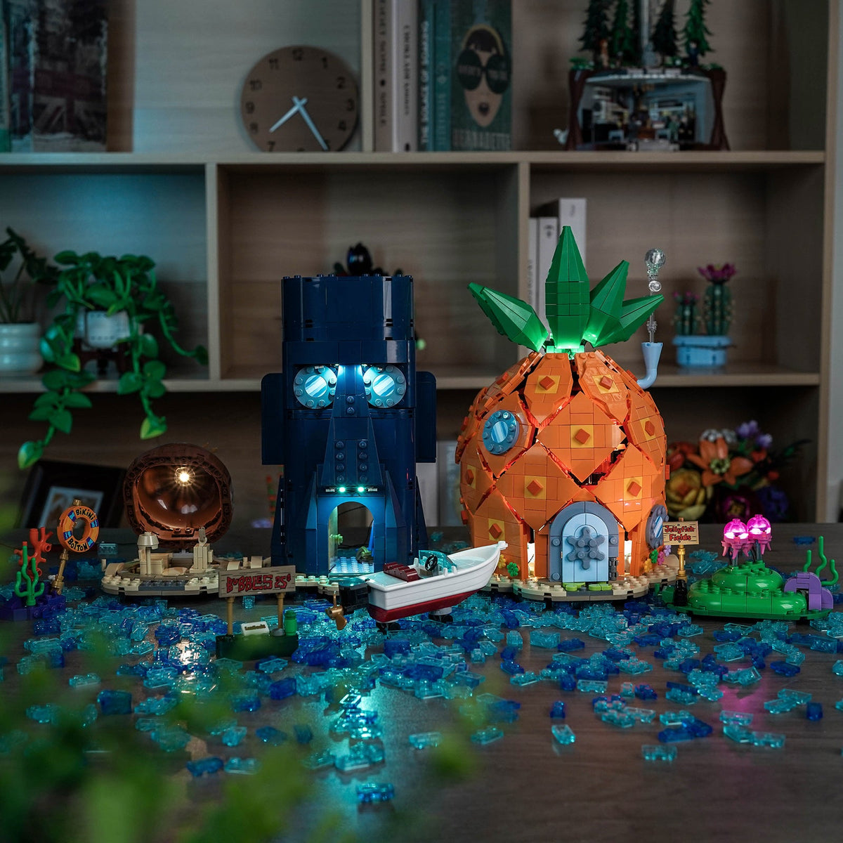 Bright My Bricks LED light kit for LEGO® Icons SpongeBob SquarePants: Bikini Bottom #11386 — fully illuminated on display