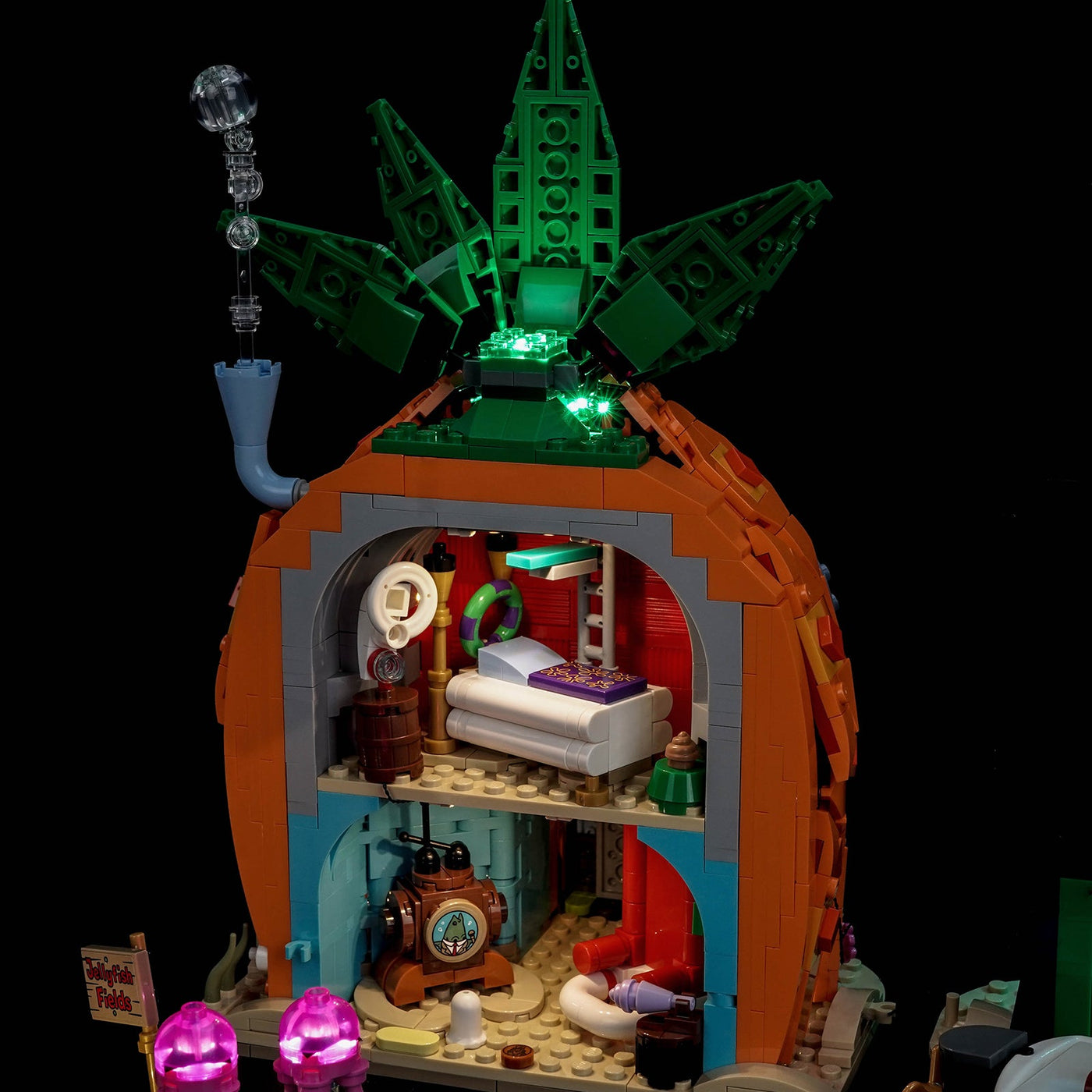 LEGO® Icons SpongeBob SquarePants: Bikini Bottom #11386 the moai windows glowing, with the USB-powered LED light kit