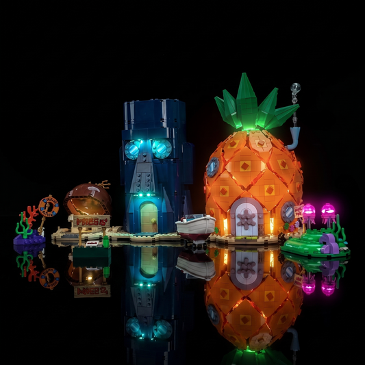 LEGO® Icons SpongeBob SquarePants: Bikini Bottom #11386 the three houses lit together, with the USB-powered LED light kit